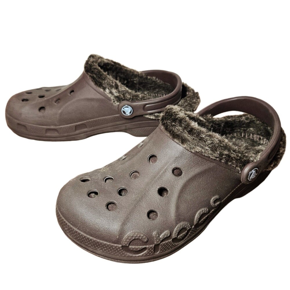 Crocs Baya Clogs Brown Women's 8 Men's 6 Faux Fur Lined 15990 Comfort Warm Strap